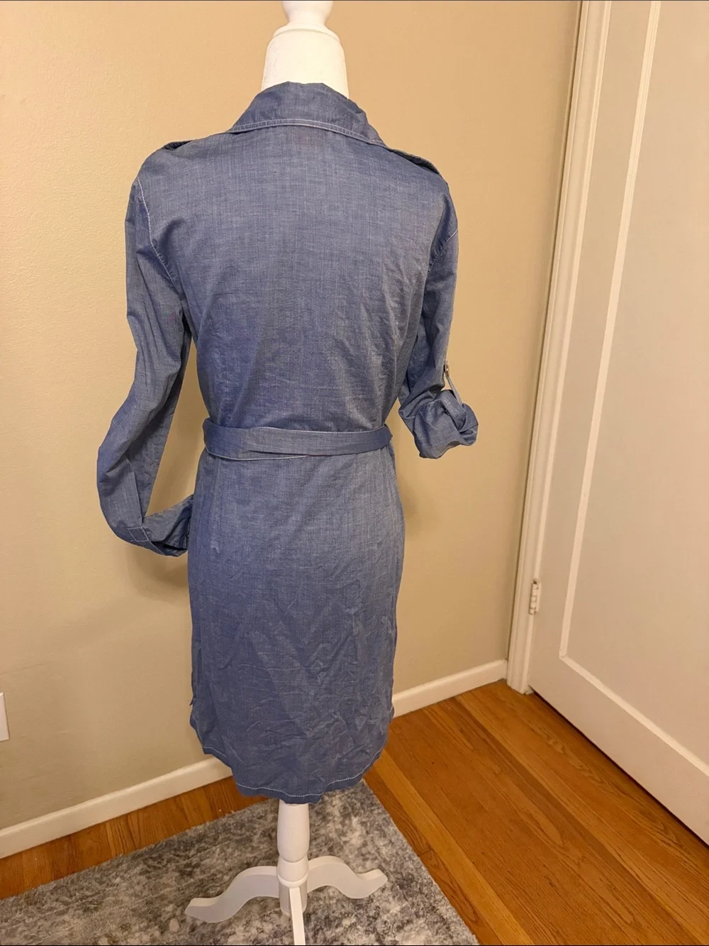 Tory Burch Blue Denim Button-Front Shirt Dress with Tie Waist